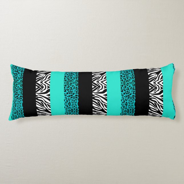 Aqua Blue Leopard and Zebra Animal Print Body Pillow (Front)
