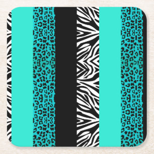 Aqua Blue Leopard and Zebra Animal Print Square Paper Coaster