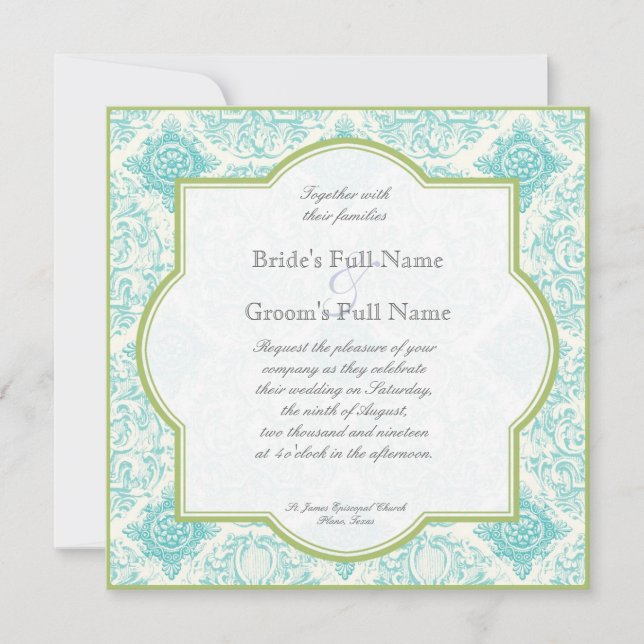 Aqua Blue Lime Iris Quatrefoil Wedding Invitation (Devant)