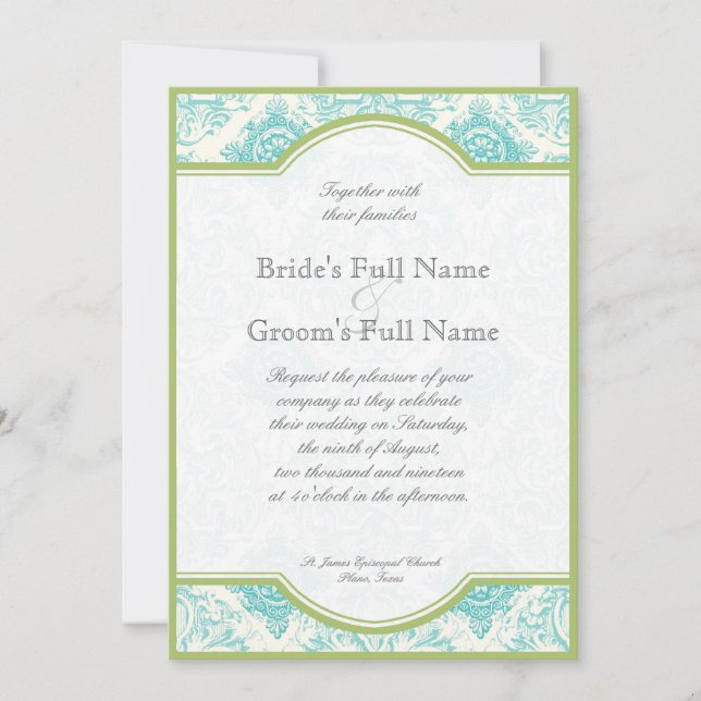 Aqua Blue Lime Iris Quatrefoil Wedding Invite (Front)