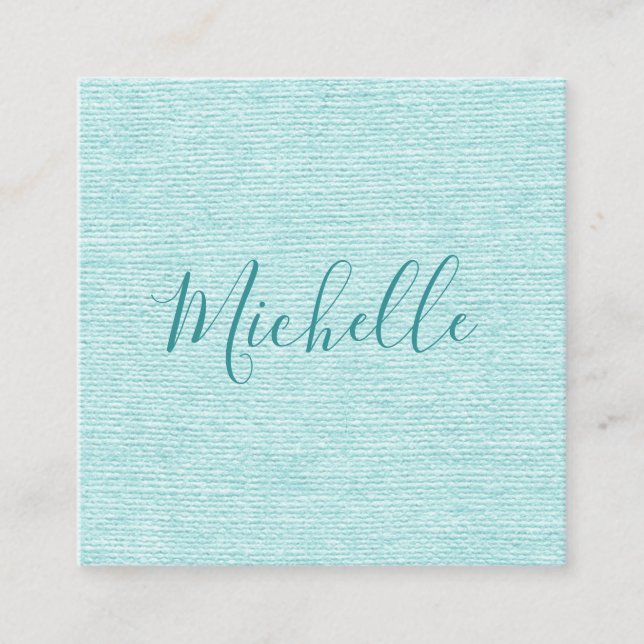 Aqua blue linen turquoise feminine minimalist square business card (Front)