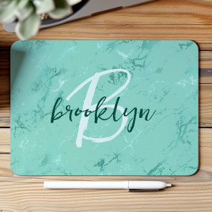 Aqua Blue Marble Foil Script Monogram Mouse Pad