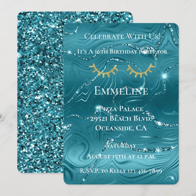 Aqua Blue Marble Glitzy Gold Glitter Eyelashes  Invitation (Front/Back)