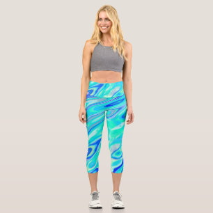 Aqua Blue Marble Texture Abstract Liquid Pattern Capri Leggings