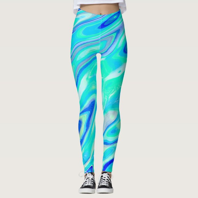 Aqua Blue Marble Texture Abstract Liquid Pattern Leggings (Front)