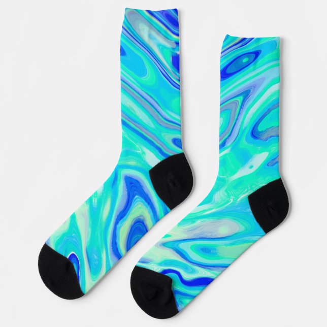 Aqua Blue Marble Texture Abstract Liquid Pattern Socks (Left)