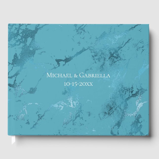 Aqua Blue Marble Wedding Guest Book (Front)