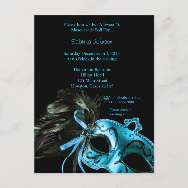 Aqua Blue Masquerade Ball Sweet Sixteen Birthday Postcard (Front)