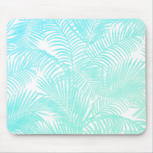 Aqua blue mint gradient tropical palm tree floral mouse pad