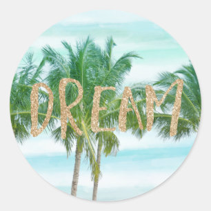 Aqua Blue Mint White Palm Trees Glitter Dream   Classic Round Sticker