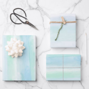 Aqua Blue Mint White Watercolor Ocean Stripes   Wrapping Paper Sheet