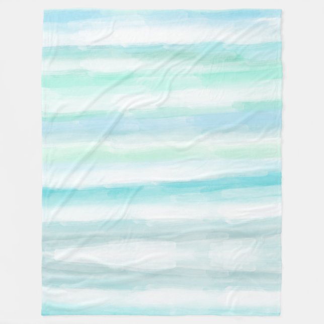 Aqua Blue Mint White Watercolor Stripes II Fleece Blanket (Front)