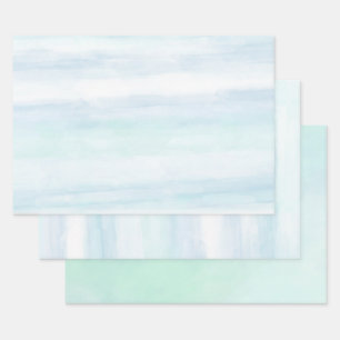 Aqua Blue Mint White Watercolor Stripes Ombre Wrapping Paper Sheet