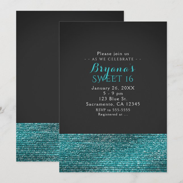 Aqua Blue Modern Glam Sequins Party Invitations (Front/Back)
