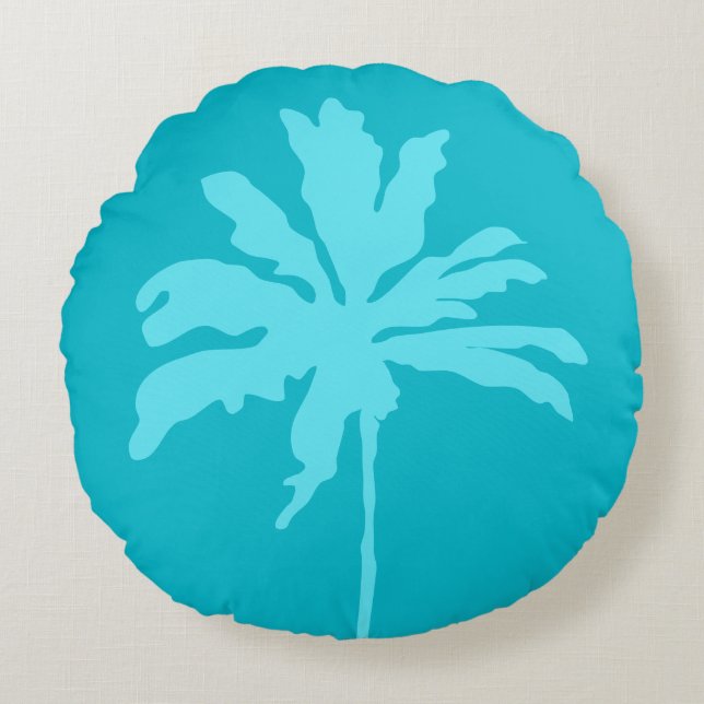 Aqua Blue Modern Tropical Palm Tree Summer Home  Round Pillow (Front)