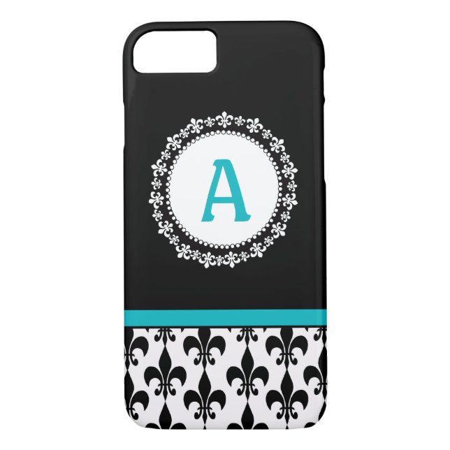 Aqua Blue Monogram Fleur de Lis Pattern Case-Mate iPhone Case (Back)