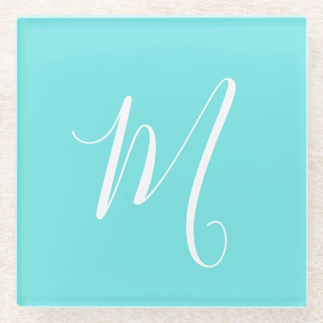 Aqua Blue  Monogram Initial  Glass Coaster (Front)