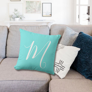 Aqua Blue Monogram Initial Throw Pillow