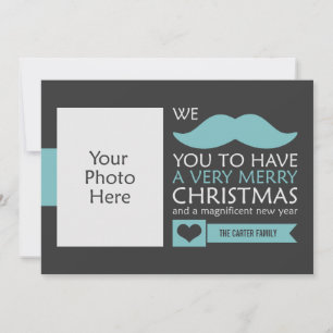 Aqua Blue Moustache Christmas Photo Holiday Card
