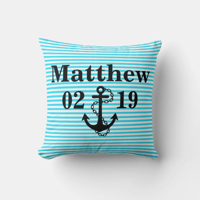 Aqua Blue Name Pillow with Anchor Design (Front)