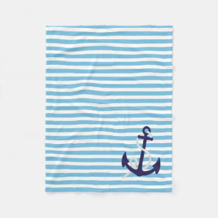 Aqua Blue Nautical Stripes with Navy Blue Anchor Fleece Blanket