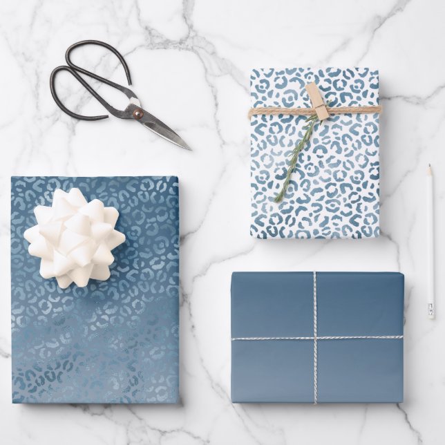 Aqua Blue Navy Ombre Leopard Print Wrapping Paper Sheet (Front)