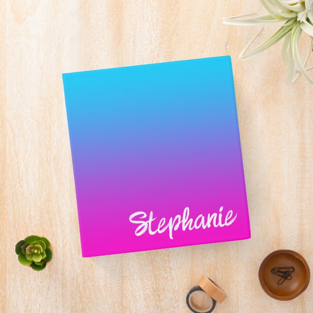 Aqua Blue Neon Pink Ombre Brush Script Name Binder (In Situ)