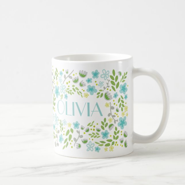 Aqua Blue Nom Personnalisé Joli Floral Girlly Mug (Droite)