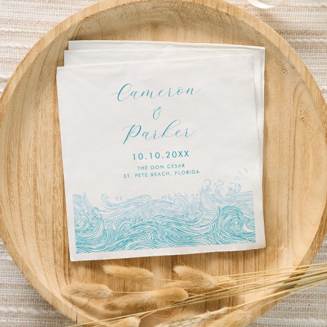 Aqua Blue Ocean Waves Beach Wedding Napkin (Ocean Waves Beach Wedding Napkins for a Modern Aqua Blue Cocktail Hour by Concertina Press)