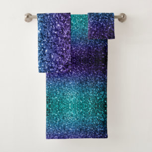 Aqua blue Ombre faux glitter sparkles Bath Towel Set