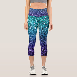 Aqua blue Ombre faux glitter sparkles Capri Leggings
