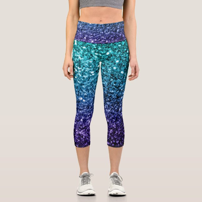 Aqua blue Ombre faux glitter sparkles Capri Leggings (Front)