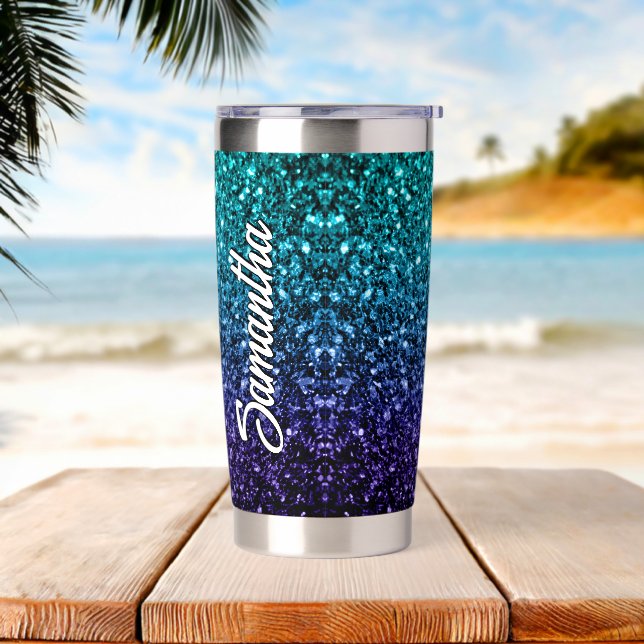 Aqua blue Ombre faux glitter sparkles Custom name Insulated Tumbler (Beach)