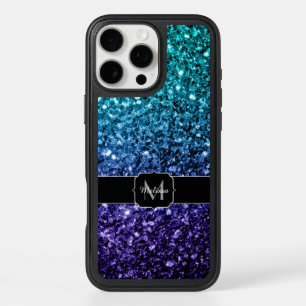 Aqua blue Ombre faux glitter sparkles Monogram