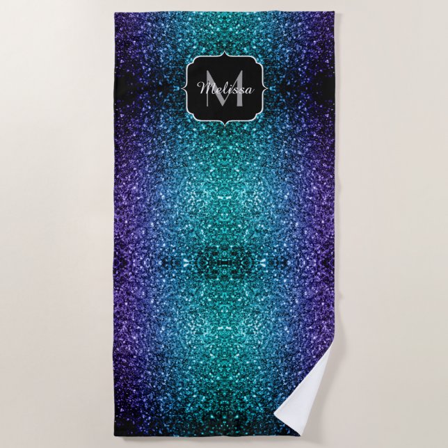 Aqua blue Ombre faux glitter sparkles Monogram Beach Towel (Front)