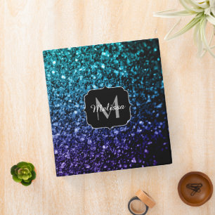 Aqua blue Ombre faux glitter sparkles Monogram Binder