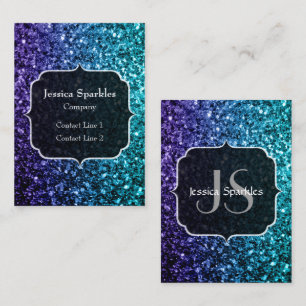 Aqua blue Ombre faux glitter sparkles Monogram Business Card