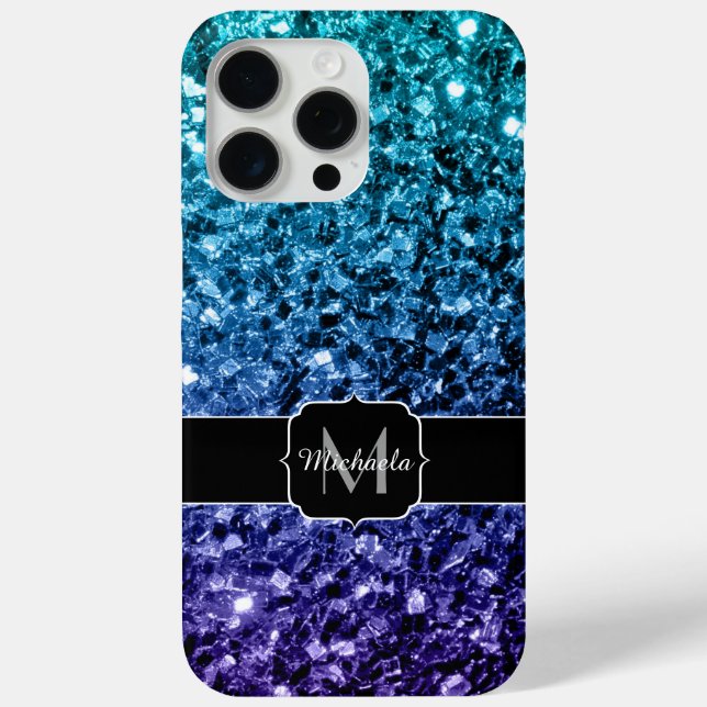 Aqua blue Ombre faux glitter sparkles Monogram Case-Mate iPhone Case (Back)