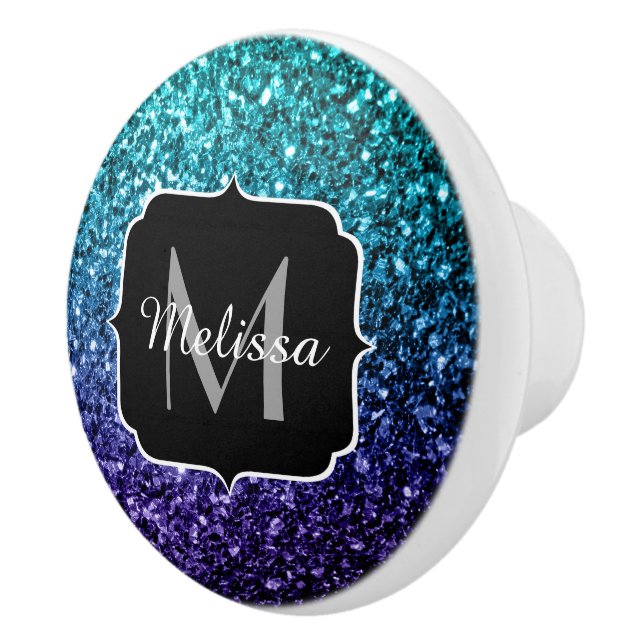 Aqua blue Ombre faux glitter sparkles Monogram Ceramic Knob (Right)