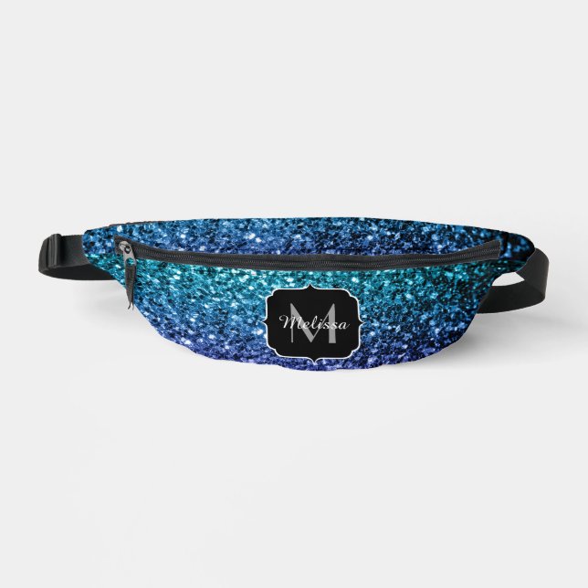 Aqua blue ombre faux glitter sparkles Monogram Fanny Pack (Front)