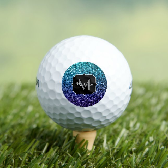 Aqua blue Ombre faux glitter sparkles Monogram Golf Balls (Insitu Tee)