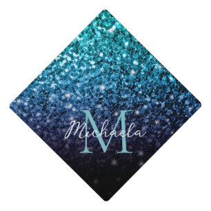 Aqua blue Ombre faux glitter sparkles Monogram Graduation Cap Topper