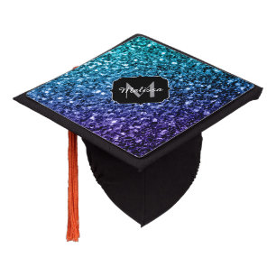 Aqua blue Ombre faux glitter sparkles Monogram Graduation Cap Topper