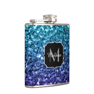 Aqua blue Ombre faux glitter sparkles Monogram Hip Flask