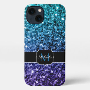 Aqua blue ombre faux glitter sparkles Monogram iPhone 13 Case