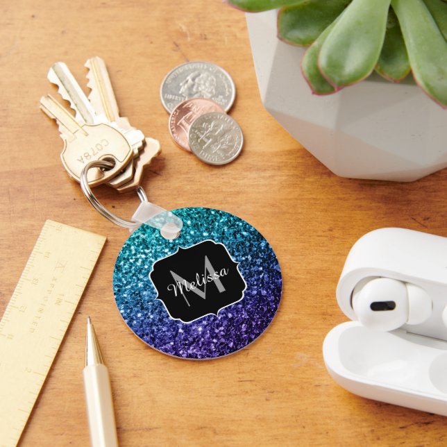 Aqua blue Ombre faux glitter sparkles Monogram Keychain (Desk)