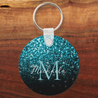 Aqua blue Ombre faux glitter sparkles Monogram Keychain