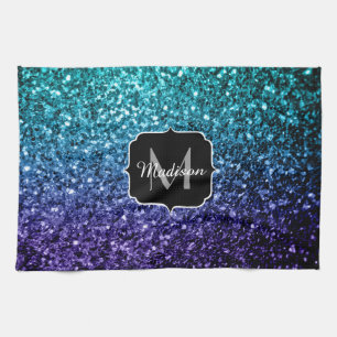 Aqua blue Ombre faux glitter sparkles Monogram Kitchen Towel
