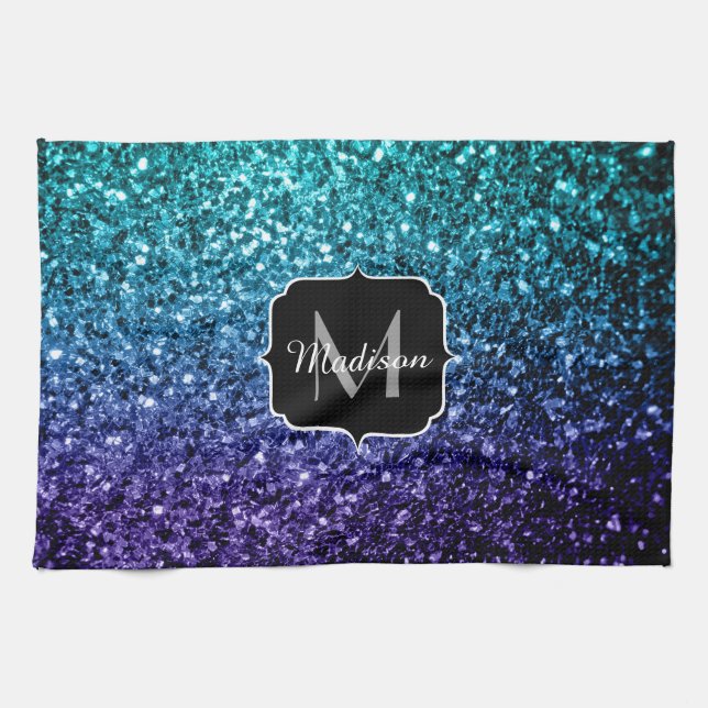 Aqua blue Ombre faux glitter sparkles Monogram Kitchen Towel (Horizontal)