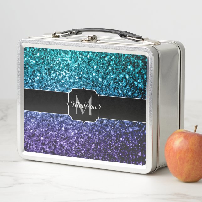 Aqua blue Ombre faux glitter sparkles Monogram Metal Lunch Box (In Situ)